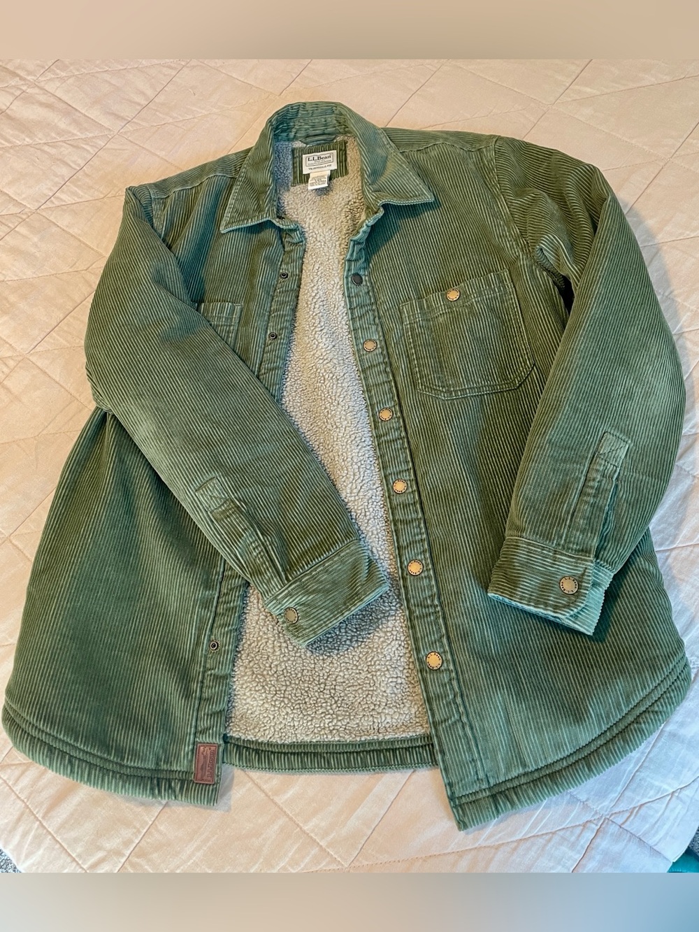 L.L. Bean Olive Green Corduroy Sherpa-Lined Shirt Jacket